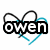 six shows a static icon with overlapping black and cyan heart outlines, each containing the text "owen" in bold white letters on a black background