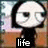 Pixelated cartoon character with black hair and white face appears in four , each showing text overlay: life, is, dismal. Background features blurred indoor setting