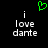 Green pixelated heart above two identical text blocks reading 'i love dante' on black background.