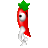 Pixelated red chili pepper with green stem, white eye-like feature, and white root-like appendage on gray background.