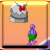Pixelated character in purple and green stands beneath a gray mailbox with red bow on orange background framed by brown border
