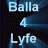 Animated sequence of text elements 'Balla', 'Lyfe', and '4' in light blue on dark background with pixelated glow effects.