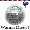 A silver disco ball with a rainbow heart icon and 'Wanna Disco?' text on a white background.