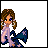 Pixel art of a girl with brown hair in pigtails, blue eyes, and a purple dress holding a dark blue bow, with text appearing sequentially across frames.