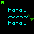 Pixelated cyan text 'haha... ewwww haha...' on black background with green stars moving across the frame.