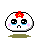 Four pixel-art frames of a round white character with black eyes, pink cheeks, blue tears, and red flower on head showing different expressions and poses against gray background.