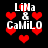 Pixelated red hearts and white text 'LiNa & CaMiLO' on black background, with heart size variations across frames.