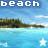Pixelated beach scene with turquoise water, green island, and blue sky; text "beach" in white letters with one letter highlighted blue per frame.