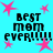 A static image with a bright cyan background featuring four identical text blocks and scattered pink stars.