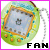 Pixelated circular icon with green outer ring, orange inner border, and light blue center containing a small dark symbol, bordered by pink frame with "FAN" text below