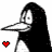 Pixelated penguin with long black hair and white face, beak pointing left, red heart symbol below on left side.