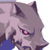 Pixelated static image of a gray cat-like creature with pink eyes and dark purple accents, cropped to show only the head and upper body against a white background.