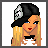 Pixel art of a blonde woman with a black cap, blue eyes, red lips, and a black choker, wearing a white top and black wristbands, with blue jeans and silver chain details.