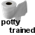 A pixelated contact sheet showing two frames of an animated buddy icon with a toilet paper roll and text reading "potty trained" on the left frame, followed by text saying "Im a big kid NOW! ....yay!" on the right frame.