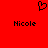 Red background with black pixelated heart symbol above two instances of the name "Nicole" in blocky text.