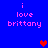 Blue background with pink text reading "i love brittany" and pixelated heart symbols in red, purple, and dark purple.