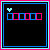 Animated pixel art sequence showing the name 'DENISE' forming with color-coded blocks, heart and star symbols appearing/disappearing, and small blue stars moving across a black background.