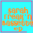 Four identical cyan square icons with pink borders display orange pixelated text reading "sarah freak'n bassette" and a small heart symbol, each icon differs by an additional decorative element.