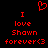 Red pixelated text and heart symbol on black background, two identical side-by-side layouts with 'I love Shawn forever<3' below a red heart.