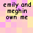 Pixelated text 'emily and meghin own me' on a pink and yellow checkered background with visible pixelation and color shifts.