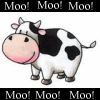 A cartoon cow with black and white patches, pink nose and ears, and a smiling expression, framed by 'Moo!' text on black bars above and below.