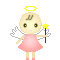 Pixelated angel icon with yellow halo, white wings, pink dress, and star-tipped staff in four variations showing wing position changes.