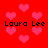 Red background with pink heart shapes and repeated black text 'Laura Lee' in pixelated font.