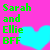 Green pixelated text reads 'Sarah and Ellie BFF' on a bright pink background with a cyan heart shape partially visible.