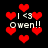Pixelated red hearts float around white text reading 'I <3 Owen!!' on a black background.