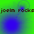 Green background with blue circular gradients and dark brown text reading "joelm rocks" repeated twice horizontally, with a dotted line connecting two blue circles.