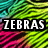 A static image with a vibrant, pixelated zebra-stripe background in teal, green, yellow, pink, and black, overlaid with bold white text reading "ZEBRAS ARE AWESOME" on black rectangular bars.