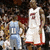 Pixelated image of two basketball players in action, one in white jersey with red trim and number 34, the other in light blue jersey with number 10, overlaid with red text reading "Shaq can poo on fricken Earl".