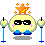 Pixelated character with yellow body, black sunglasses, pink cheeks, blue feet, and orange star on head; two variations show different star animations.