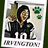 Pixelated static image shows a person with dark hair and black clothing holding green paw prints, standing against light background with blurred figure behind.