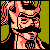 Pixelated 50x50 static icon of a character with pink hair, black mustache, and traditional attire against olive green background.