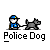 Pixel art animation of a police officer and dog in four sequential poses showing pursuit, capture, and reward actions.