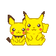 Two yellow cartoon creatures with brown-tipped ears and red cheek circles sit side-by-side on a gray background, displaying varying facial expressions.
