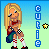 Pixel art of a blonde woman with sunglasses, red top, checkered socks, and black shoes holding a green item against gradient background.