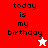 A four- displays 'today is my birthday' text with a white star in the top-right and red star in bottom-left, on red, pink, white, and light pink backgrounds