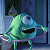 Pixelated green cartoon character with large eye and wide black mouth sits on purple chair against blue background