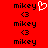 Red background displays repeated 'mikey' text with '<3' symbols; one instance includes a white pixelated heart symbol replacing the '<3'.