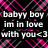 Pixelated text reads 'baby boy im in love with you<3' on a black background with pink and gray abstract shapes.