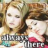 repeated images showing two women with blonde and brown hair, one resting her head on the other's shoulder, with 'always there' text below