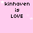 Pixelated text 'kinhaven is LOVE' repeated across a pink background with scattered white stars, some stars move between frames.