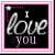 Four animated frames of a 'I love you' buddy icon with pink borders and varying background colors.