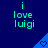 Blue background with green text reading "i love luigi" and blue triangular shapes containing pixelated hearts.