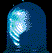 Four of a pixelated animation showing a glowing blue and white object inside a dark blue bell-shaped enclosure against a black background