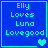 Blue square with cyan border displays 'Elly Loves Luna Lovegood' text and heart symbols in four variations.