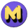 A circular purple icon with a yellow stylized M and black shadow, showing three distinct animation frames where the M's vertical strokes shift position.
