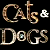 A 50x50 pixel animated buddy icon split into two frames showing "Cats & Dogs" text on black and a red background with silhouettes of cats and dogs labeled "TINKLES".